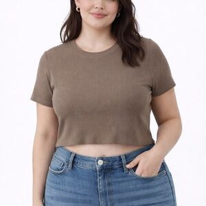 H&M Ribbed Cropped Tee Taupe Brown XL